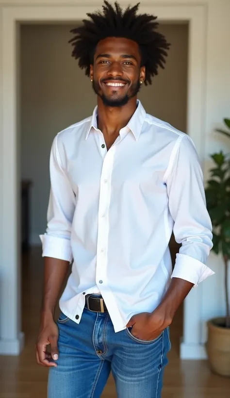 Image of a young black-haired man dressed in blue jeans and a white shirt inside a house