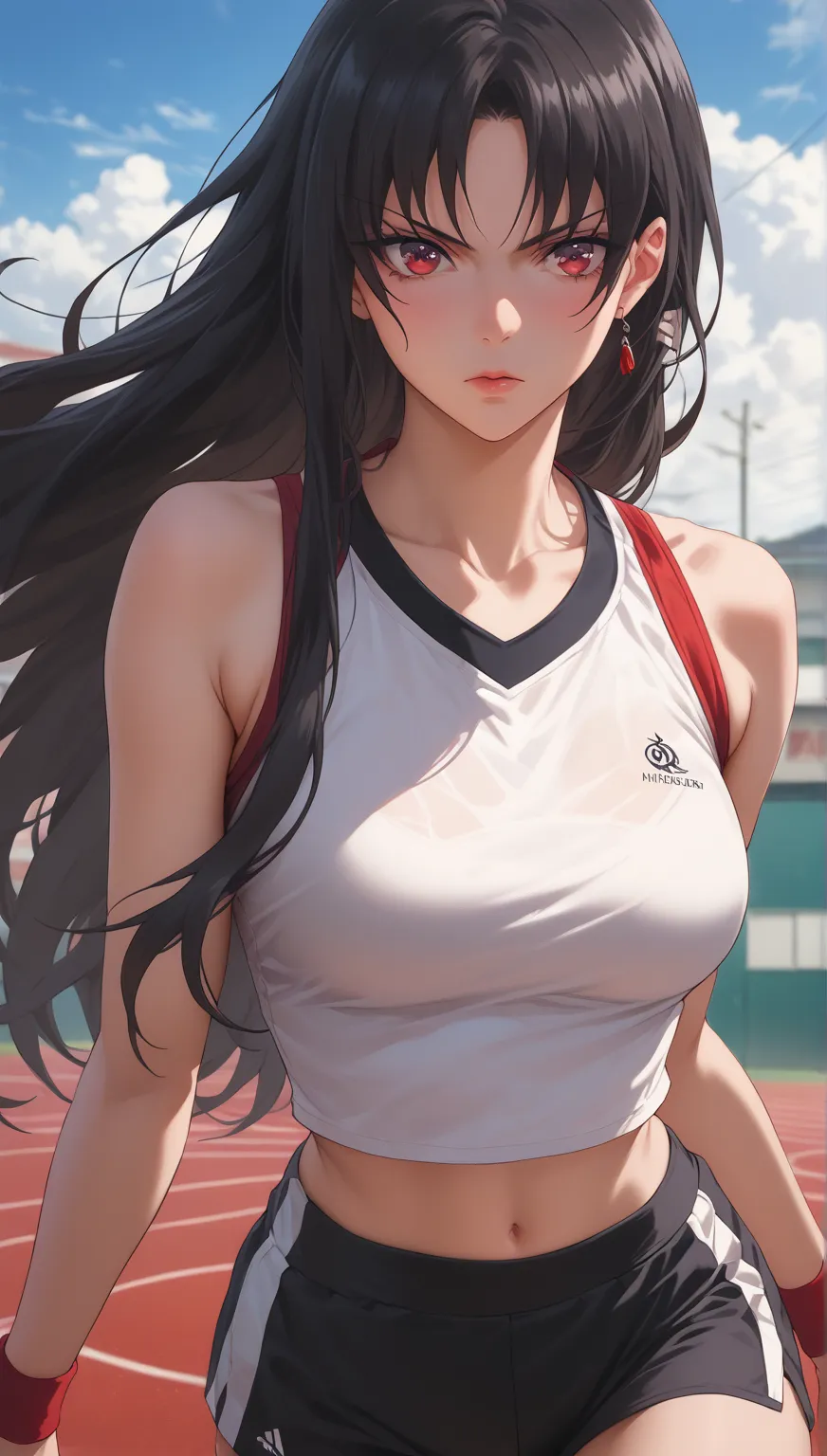 horikita suzune(Classroom of the Elite)long black hair, red eyes, sporty outfit, white crop top, black shorts with red accents,  outdoor setting, blue sky, slightly serious expression, dynamic pose, soft lighting, semi-realistic shading, high detail, horik...