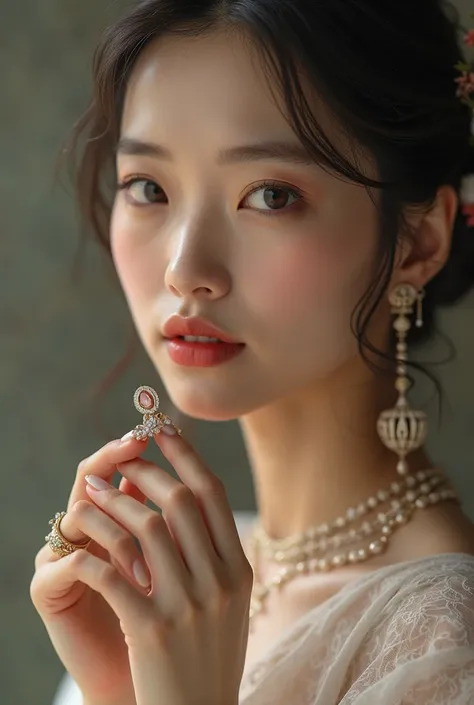 Asian woman holding jewelry with her fingertips