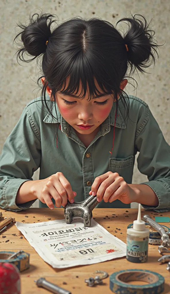 The person trying to mold a wrench with tufts of hair on a table, with glue, adhesive tape and improvised tools. At your side, a manual entitled "How to make braces with hair