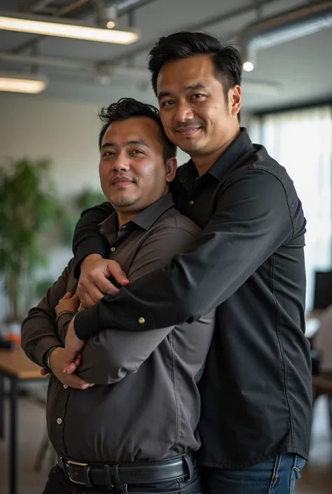 two men hugging, wearing leather black, shiny black shoes, one with black side parted undercut hair "not long but short hair" standing behind, the other with "short fat body" in front, Indonesian faces, Indonesian people, they are looking at the camera, in...