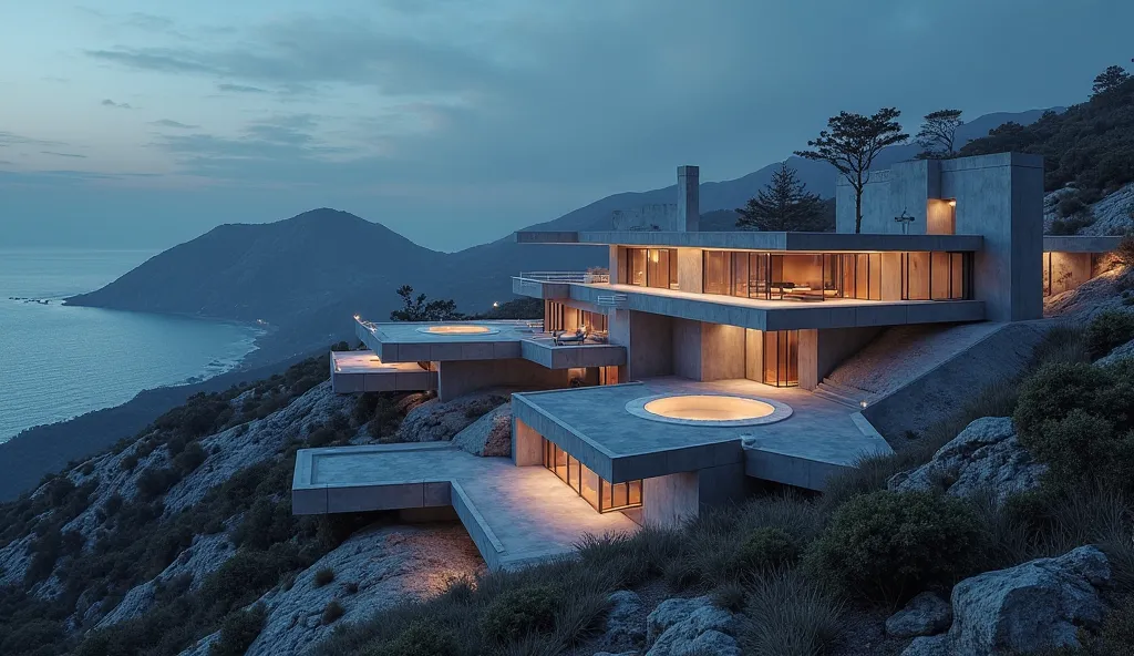 Futuristic architecture. Concrete. Night scene and light.
On the mountainside. Sea