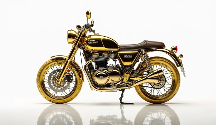 A highly stylish and glossy golden 2025 Royal Enfield Hunter 350 motorcycle, reflecting like a mirror, standing in a dynamic pose. The background is pure white and features the bike's name '2025 Royal Enfield Hunter 350' in a bold and modern font, seamless...