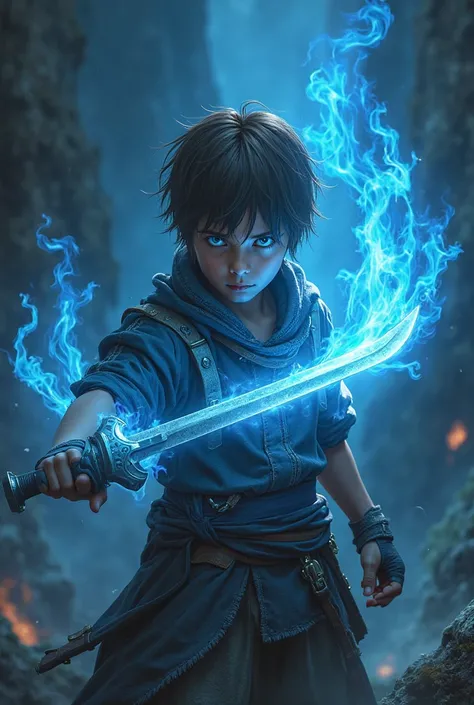 A boy face covered and have a sword brown hair and blue eyes with blue fire power 