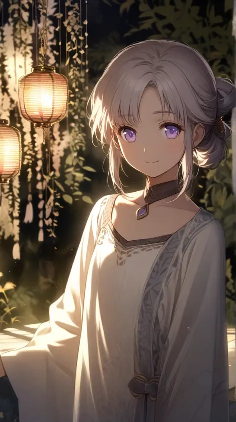  one girl、 small、 curious、One silver hair knot、smile、 Her eyes are light purple 、is young、 is adorable、The period is set in the late Muromachi period、 Kunoichi、Youngest temperament