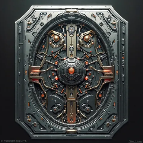 High detailed sci-fi door panel design, intricate mechanical details, engraved metal, hard surface patterns, ultra-realistic texture, 8K
