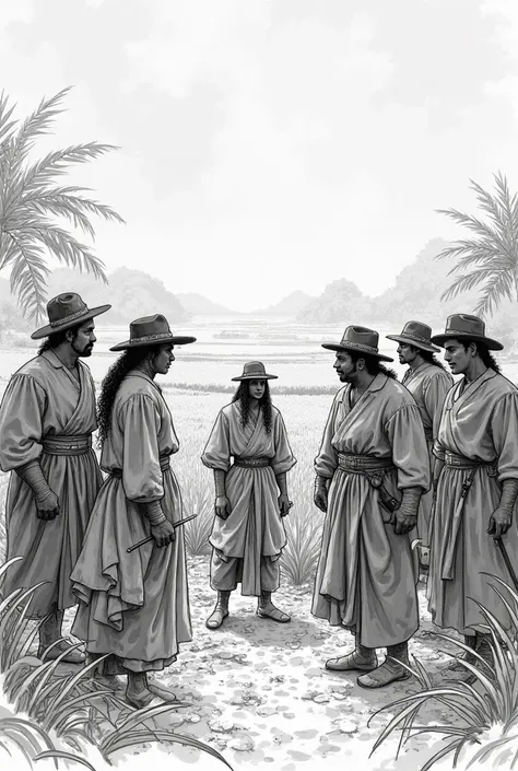 A black and white sketch of people gathering and confronting a one person they are in the clothes in Spanish colonial they must be sitting near the rice field 