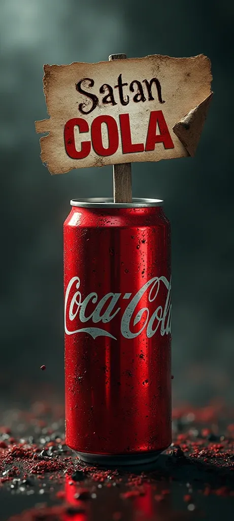 Create for me an image of a soda can based on Coca-Cola ,But with the logo written Satan Cola On a commercial banner

