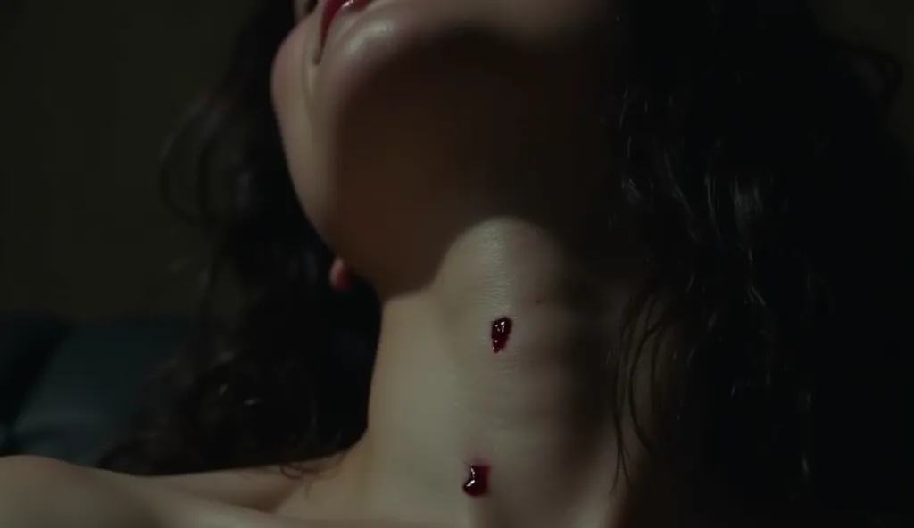 "Here’s a detailed prompt for your image:

"A close-up view of a young woman’s neck with a fresh vampire bite. The two small, deep puncture wounds are slightly reddened, with a hint of blood trickling down her pale skin. The lighting is moody and dramatic,...