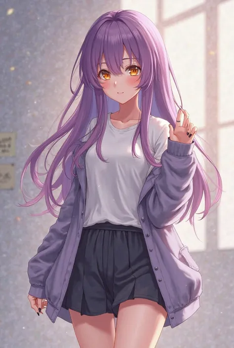 She has purple hair nhạt nhìn vào máy  bilde, She has a fit body,  light yellow eyes , realistic and detailed face,  Beautiful girl, detailed face, Masterpiece, young girl style. She is wearing a t-shirt, the outerwear is a cardigan, miniskirt.   bilde.