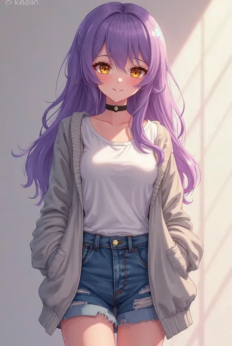 She has purple hair nhạt nhìn vào máy  bilde, She has a fit body,  light yellow eyes , realistic and detailed face,  Beautiful girl, detailed face, Masterpiece, young girl style. She is wearing a t-shirt, the outerwear is a cardigan, miniskirt.   bilde.