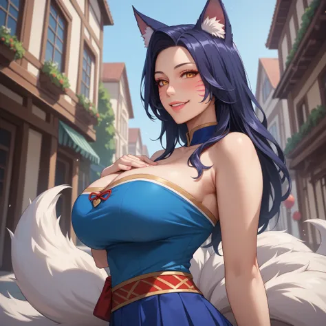 Score_9, Score_8_up, Score_7_up, Score_6_up, Score_5_up, Score_4_up, Tag1, Tag2, Quality_masterpiece, Busty, wear blue knitted dress and blue long skirt, Ahri alike, Anatomically correct, Beautiful face, Perfect face, city, (viewer walking shyly, beside he...