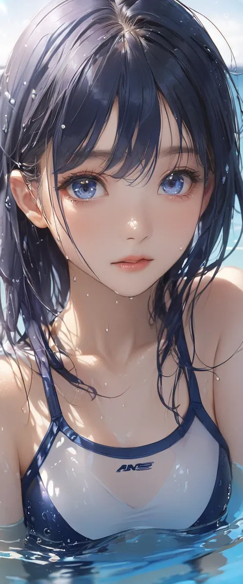 (masterpiece, TOP QUALITY:1.2), one girl,  alone,Age 15、navy blue competitive swimsuit、detailed eyes、 Highlights、 wet hair、Delicate skin