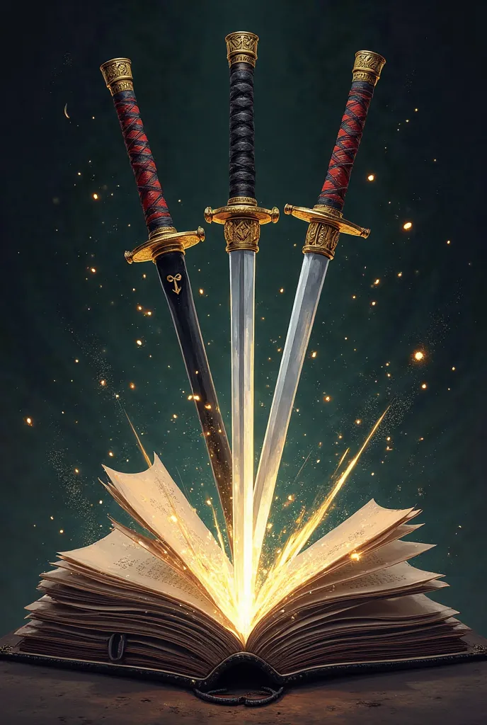 Crie uma arte detalhada de um grimório aberto no center da imagem. The grimoire is black, classic patterns with a clover of five leaves on the cover, representing the Asta grimoire of Black Clover. From the inside of the book, are coming out three differen...