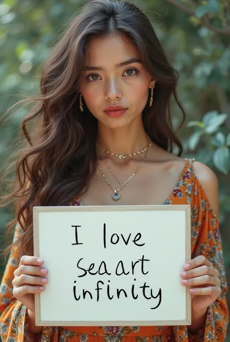 Beautiful girl with long wavy hair, bohemian dress, holding a white board with text " I Love Seaart Infinity " y showing it to the spectator