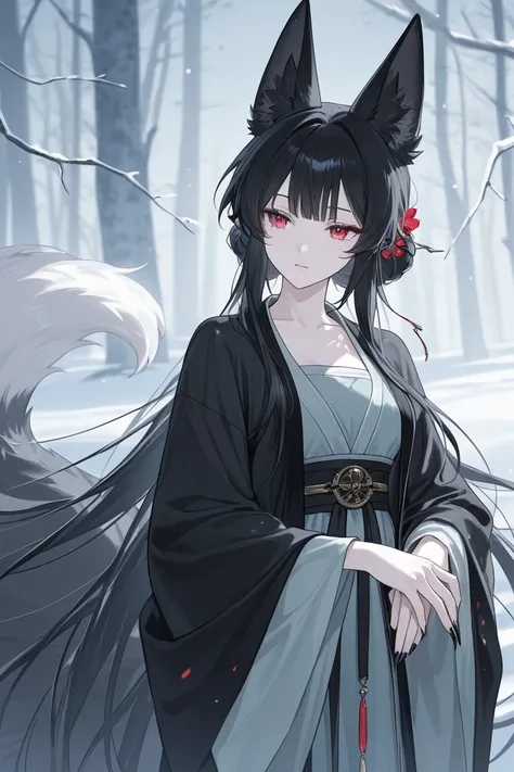 fox girl (ancient China). long black hair tied in a bun. long beautiful (multi-colored) hanfu. fox ears and tail. long beautiful claws. snow-white skin. cunning face.