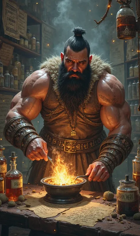 Dwarven, a muscular and strong black-haired young wizard and alchemist, creating potions on his bench. 