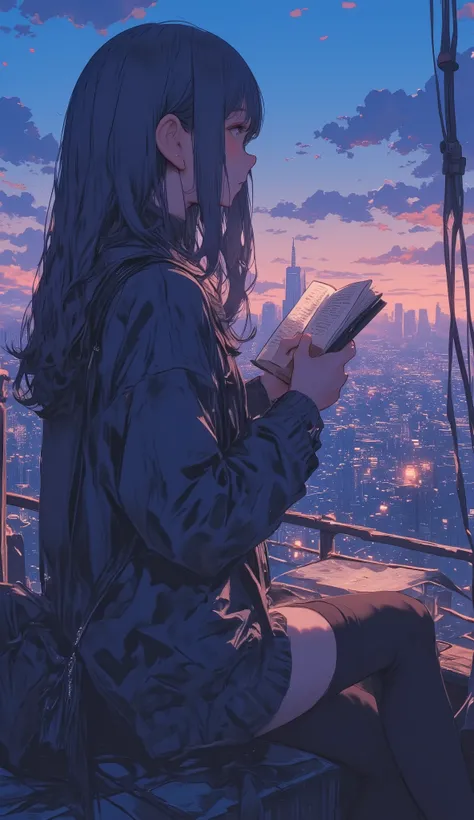 Anime girl reading a book on a balcony with city views,  Lofi Girl , Anime aesthetics,  Lofi Girl  aesthetic,  Tokyo Anime Scene ,  anime atmosphere , Girl Sitting on the Rooftop , Lofi Artstyle, Lofi Art, lofi feel, Anime aesthetics, An atmosphere of prai...