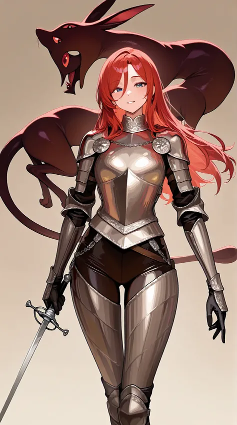 A graceful woman holding a fencing sword, wearing light leather armor with some metal accents, designed to be not too heavy. The background depicts a fantasy world war setting, with ruins and mystical elements. Alongside her is a cute, mystical pet, a crea...