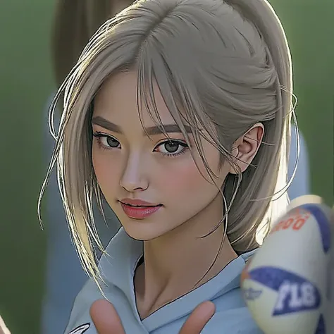 Photo realistic、 Japanese female soccer player 、The blue uniform of the Japanese national team、Number 10、The moment of shooting、 lawn soccer ground 、 Sunny、 orbital space、 dynamic pose 、 the moment they kick the ball with one foot 、ponytail hair style、 mus...