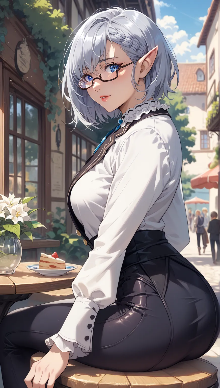 Beta, silver hair, blue eyes, glasses, elf ears, elegant outfit, white ruffled blouse, tight black leather pants, sitting pose, outdoor cafe setting, European-style town, soft sunlight, detailed background, semi-realistic shading, high detail, modern anime...