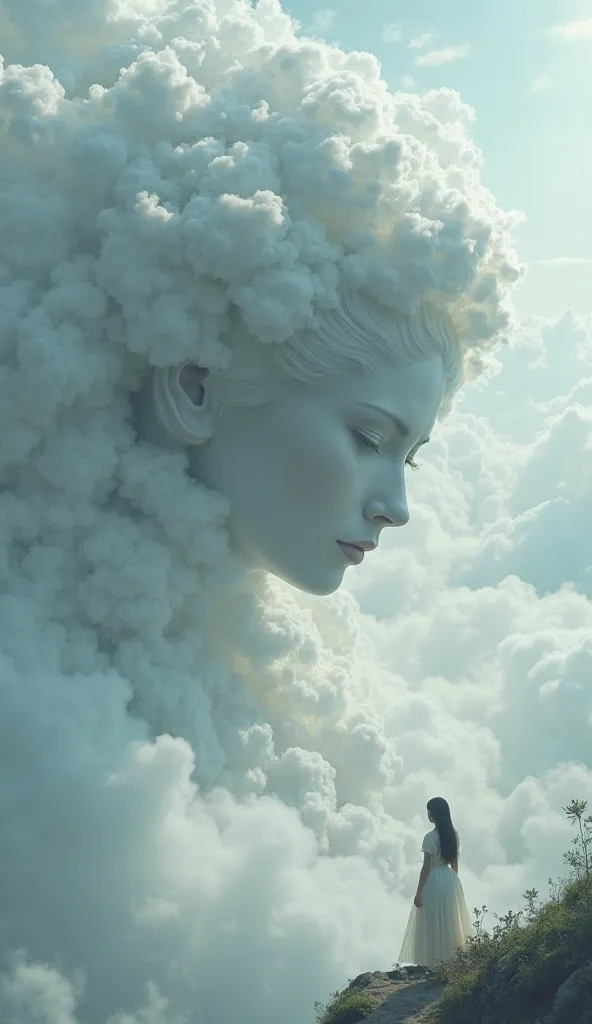 Image generated information: A giant ancient fairy formed by clouds and mist, with beautiful appearance, facial features, hair and clouds, head down, eyes looking down, overlooking the tiny female silhouette below, the background is the celestial palace, s...