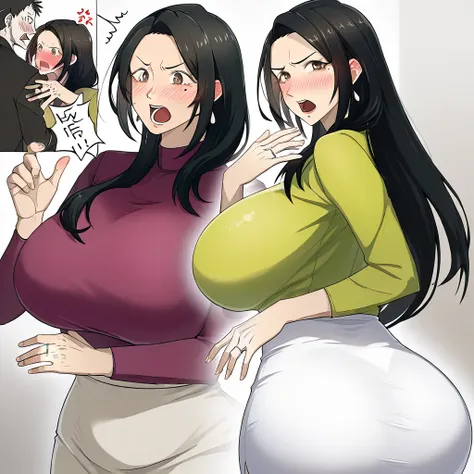  long black hair、 brown eyes、 zitoida、Mature Woman、mole、Half-open mouth、Light makeup、Brightly colored cardigans、 White tight skirt、 wedding ring on the ring finger of her left hand 、Very big ass、blush、vapor.Huge breasts,,Frustration,,Rut,,