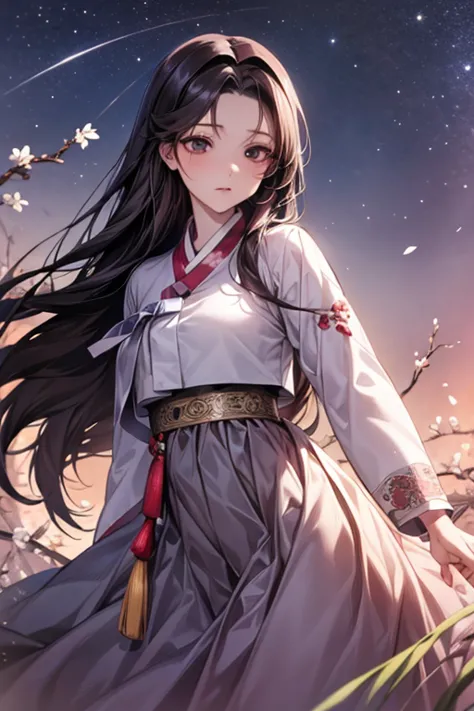 (((gfsowon))), black long hair, black eyes, (((Korean traditional clothing)),)hanbok, surpassing,  best aesthetic , new, recent, best quality,  masterpiece, Free Sex),  masterpiece,  1girl , Solo, sky, flower, 벚flower, Plum Blossom , lily,