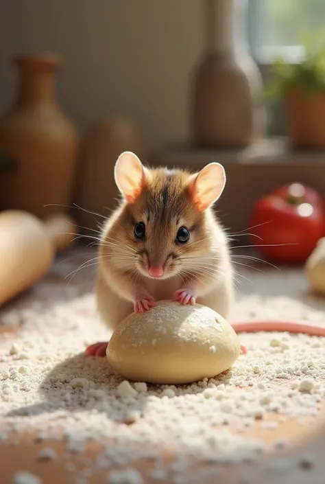 The cute little mouse kneads a ball of soft dough on a floured countertop, its tiny paws pressing and folding with expert precision. Flour dusts the air, catching the sunlight, while a rolling pin and fresh ingredients sit nearby, ready for baking. The mou...