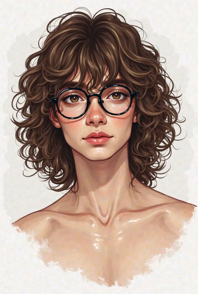 draw a white man in his late teens with a very feminine face and androgynous look, girly long curly brown hair with bangs, zero facial hair, round black glasses with thick frames, very pretty. with no underwear and no shirt