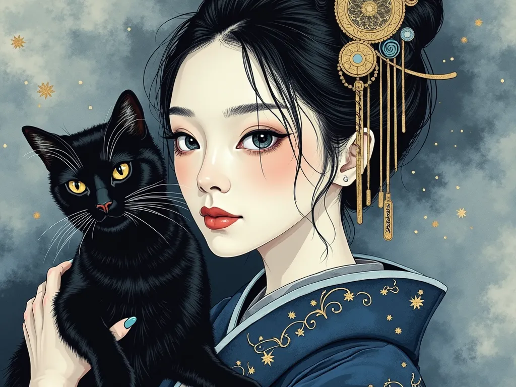 Imagine a minimalist portrait of a Japanese woman's face, created with alcohol ink and accented by thin gold lines. The woman is holding a black cat, adding an element of mystery and charm. The portrait exists within a stormy atmosphere, shadowed and shade...