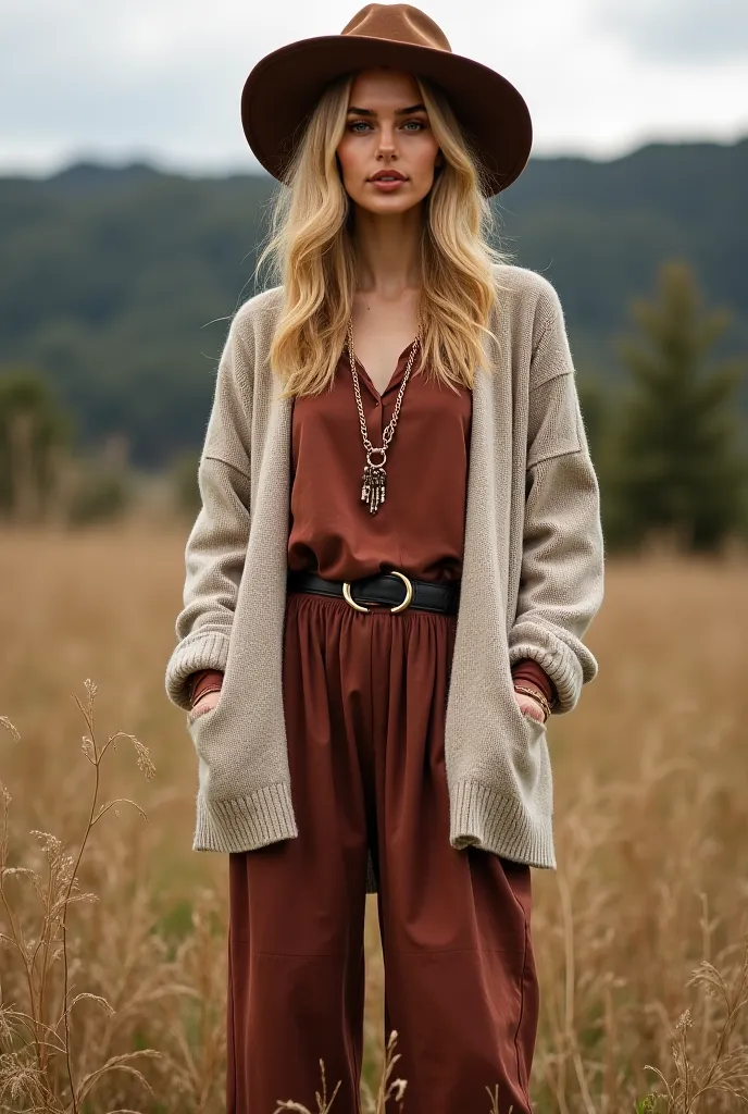 Serbian blonde supermodel wearing Bohemian Style**: A layered outfit with a long cardigan, wide-leg pants, and a floppy hat for a relaxed vibe.location:Sarajevo:*Vrelo Bosne**: A stunning natural park with beautiful landscapes, perfect for outdoor shots.