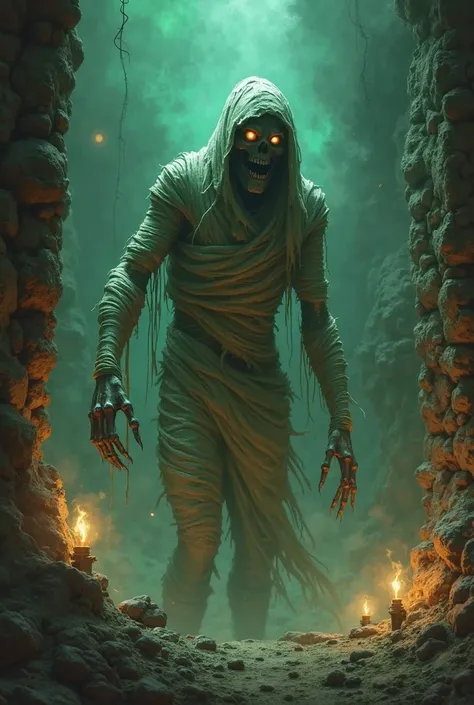 "A horrifying mummy ghost emerges from the darkness, its ancient bandages tattered and stained with time. Glowing, hollow eyes peer from beneath the wrappings, filled with an eternal curse. Its skeletal fingers twitch, reaching out as if searching for its ...