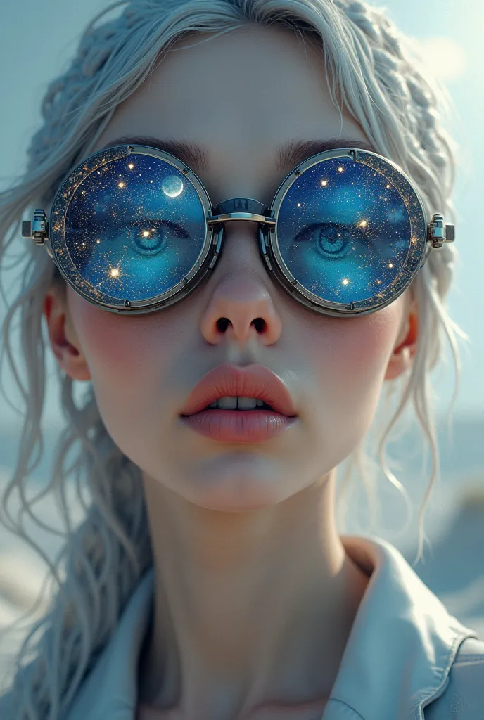 The model is wearing glass sunglasses with stars and the moon on the glass