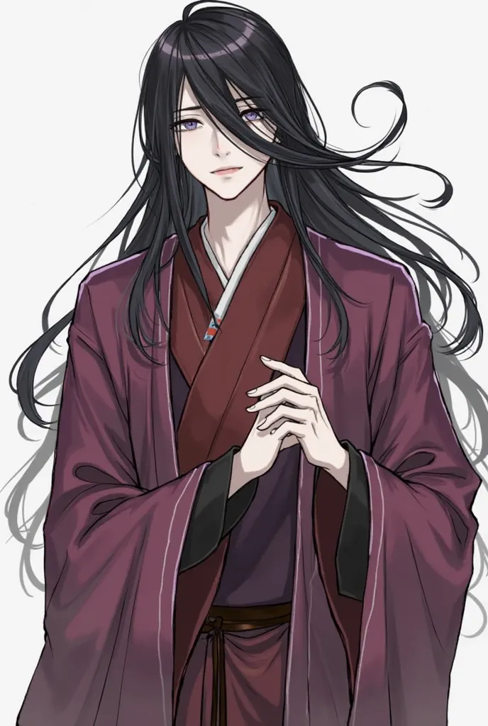 @☆coal☆:https://share.character.AI/Wv9R/73oz93C4A sixteen year old guy with long black hair, with grey-purple eyes, with sharp features and pale skin. Dressed in burgundy hanfu and a little skinny. Style as a blessing from celestials or a master of the Dia...