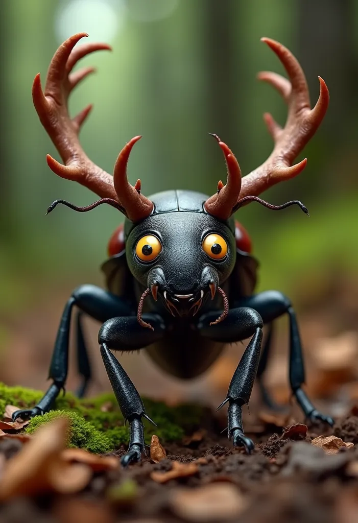 A realistic stag beetle with a humorous, anthropomorphic twist. The beetle has a comical expression with simple, cartoonish eyes—just round shapes with small black dots, giving it a funny and endearing look. The beetle should have a quirky pose and exagger...