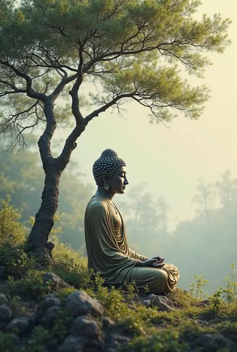 Mahatma Buddha meditating under a thin and slender tree. In realstik images 

