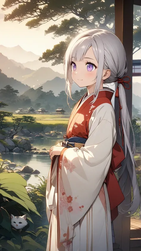  one girl、 small、 curious、Silver hair low ponite、smile、 Her eyes are light purple 、is young、 is adorable、Japan、The period is set in the late Muromachi period、 Kunoichi、Youngest temperament