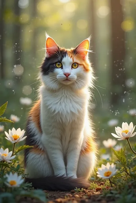 Create me a cat in a forest with white magical flowers appearance: morning dew has the characteristic calico coat, that in beautiful shades of white, orange and black glows. Her coat patterns are unique and create gentle transitions between colors. It has ...