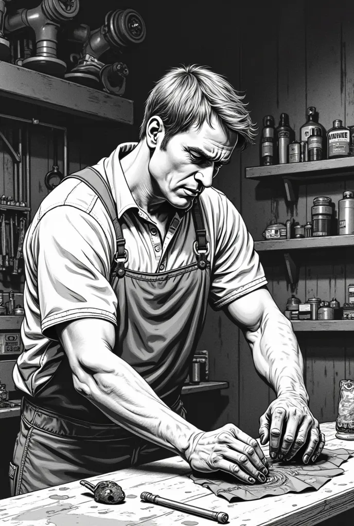 Black and White comic book style PANEL 3: Medium shot of ALEX BISHOP in he's mechanic shop working (30, short brown hair, blue eyes) wiping grease off his hands. He listens with concern.