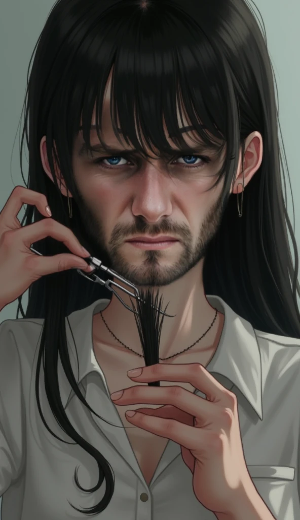 The same person, with an overly thoughtful expression, looking at a lock of his own hair while holding scissors