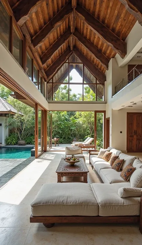 Spacious open-plan living room in a luxury villa in Bali, with high ceilings, exposed wooden beams, and contemporary furniture in white-beige tones. Huge glass doors open to a tropical garden and an infinity pool. A beige linen sofa, cushions with Balinese...