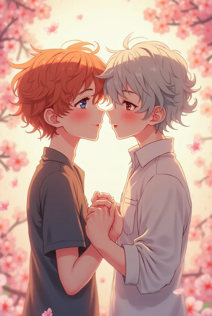 Generate the image of two boys in anime style, both with wavy hair. Who are posing for a couple's photo 