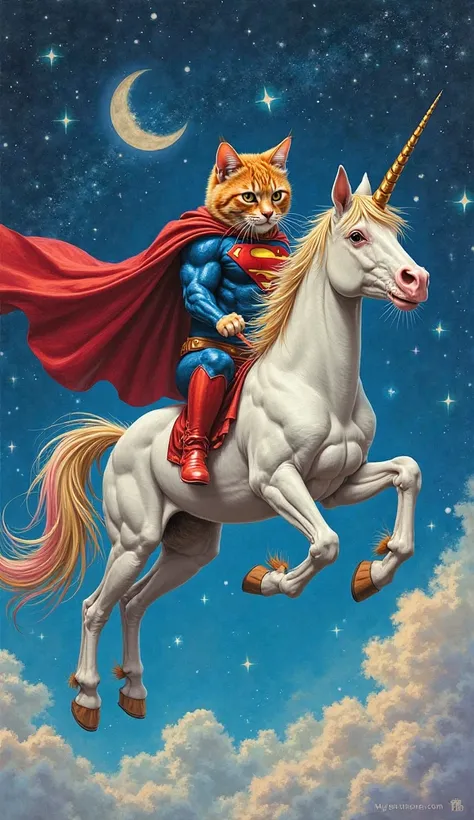 Make a realistic drawing of a MUSCLE ADULT ORANGE CAT WEARING A SUPERMAN COSTUME RIDING A COLORFUL HAIRED UNICORN IN THE SKY AT NIGHT. Make a drawing Consistently 