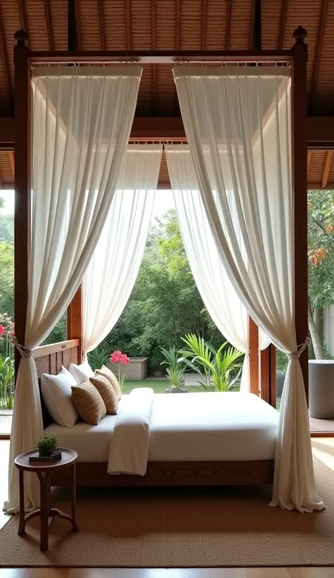 Spacious and luxurious bedroom in a Balinese villa, with a king-size canopy bed made of intricately carved wood and light white linen drapes. The room is bathed in natural light through large glass doors overlooking a private garden. Decorative elements in...