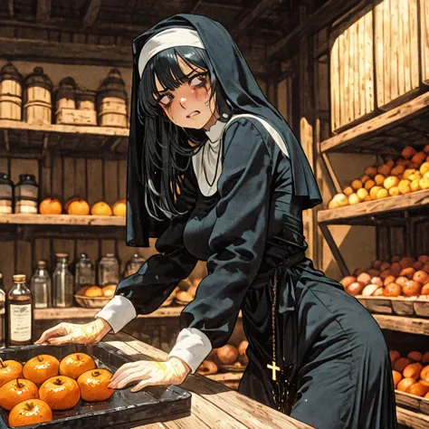 A stylish woman in the habit of a nun with long black hair, transparent dress fabric, peeing a lot, Loud pee jet, nice butt, CU, pubic hair,  leg nails, medium sized breasts and large golden cross. Glowing skin with oil. She's standing next to a fruit mark...