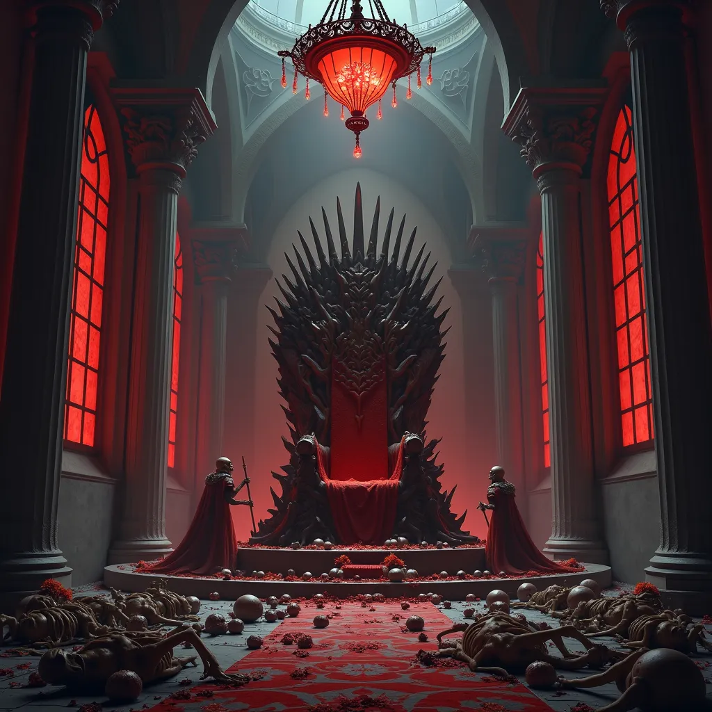 Expanded setting of a dark place,  where in the center there is a stone throne, throne inspired by Game of Thrones, throne with broken and pointed parts, Infernal throne, throne of sin of lust, on the floor there are some skeletons of soldiers or dead peop...