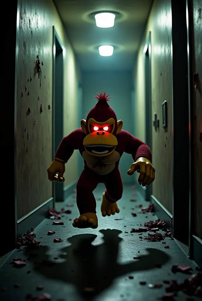 Possessed diddy runninng thru a halway , horror themed , like fnaf