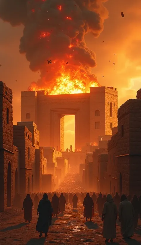 "A terrifying apocalyptic scene of a massive ancient Middle Eastern city, built with stone and clay structures, being struck by fire and burning sulfur raining from the sky. The city has narrow streets, mud-brick houses, and large stone gates, clearly rese...