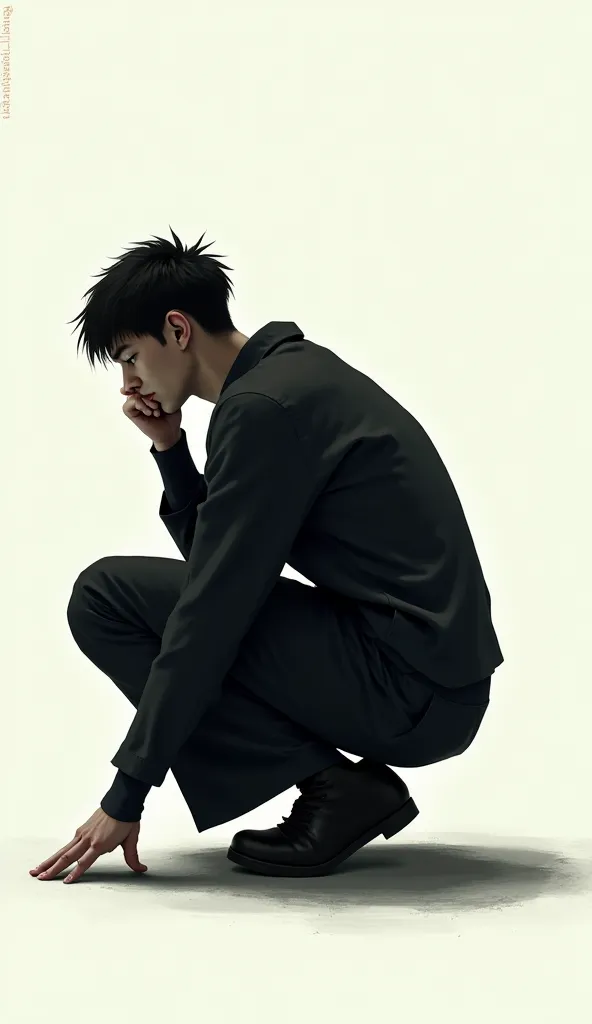 A male crouching on his side ( seen from the side) in dark clothes with one knee and one hand touching the floor